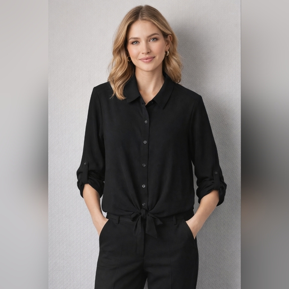 Simply Vera Wang XL Black Blouse Tie Front Minimalist Chic Capsule Work Top - Picture 7 of 10